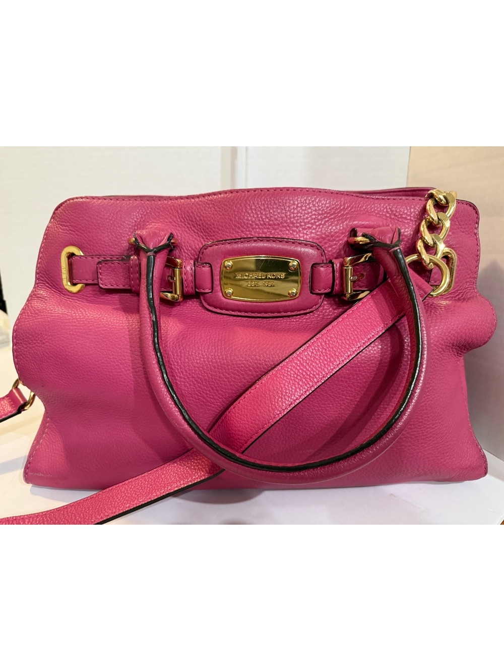 Michael Kors Pink Leather Satchel Messenger Bag with Gold Hardware